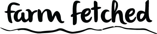 Farm Fetched® logo is the word farm fetched spelled out atop a paint line simulating a moving motion